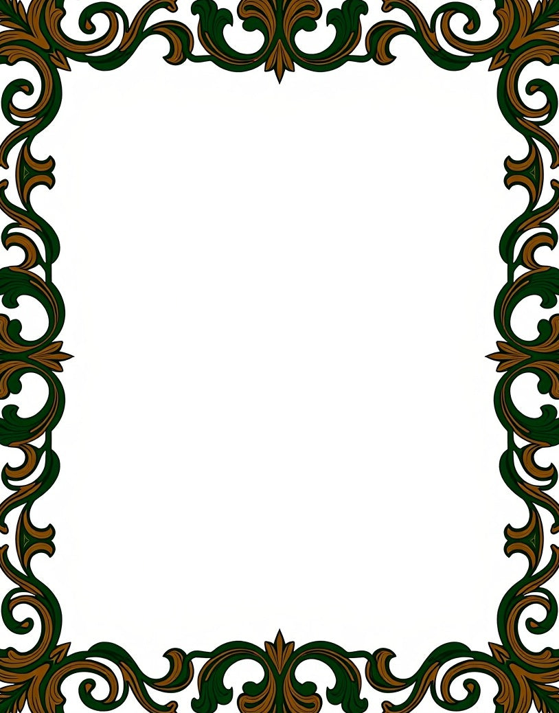 Ornate Green Brown Scroll Border Rug