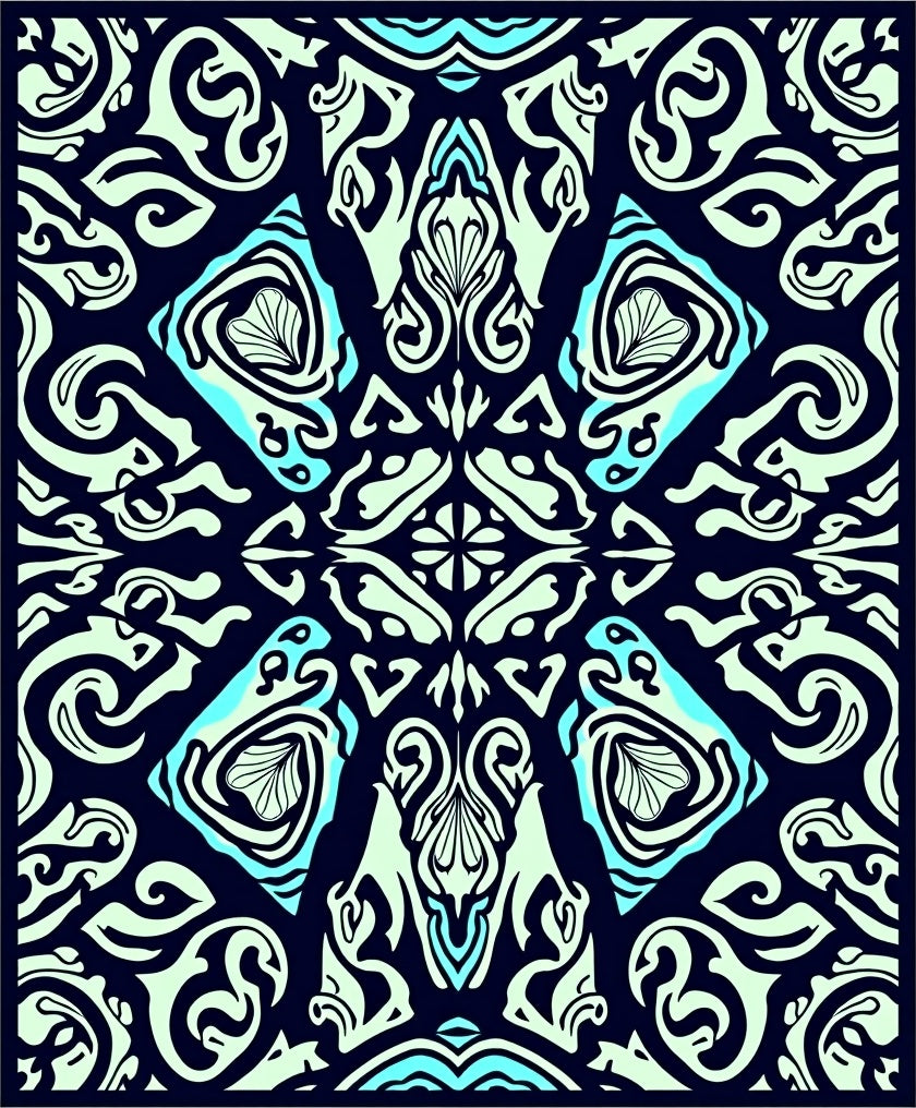 Dark Teal Abstract Scroll Pattern Rug