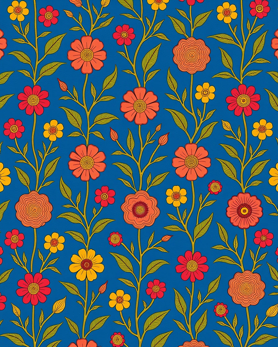 Retro Floral Vines With Red And Orange Blossoms Rug