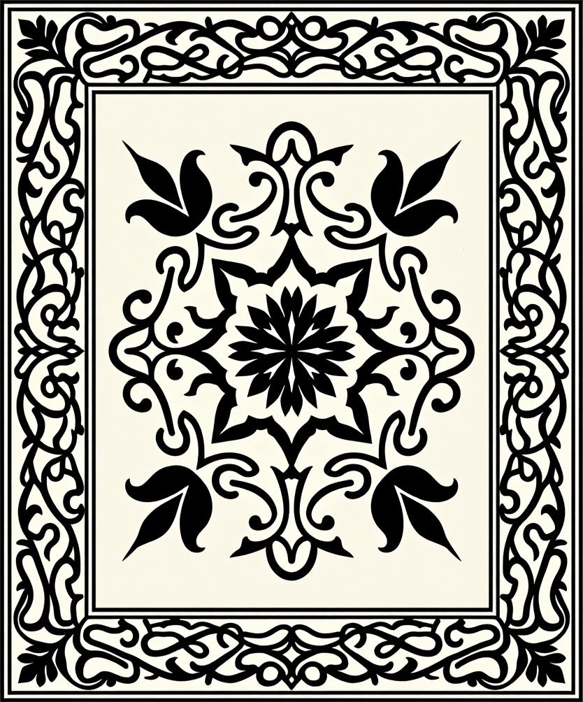 Classic Black White Floral Scroll Rug