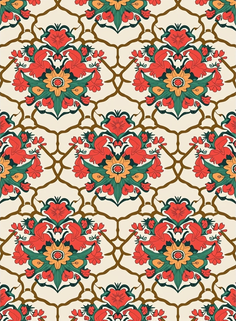 Floral Lattice Red Green Pattern Rug