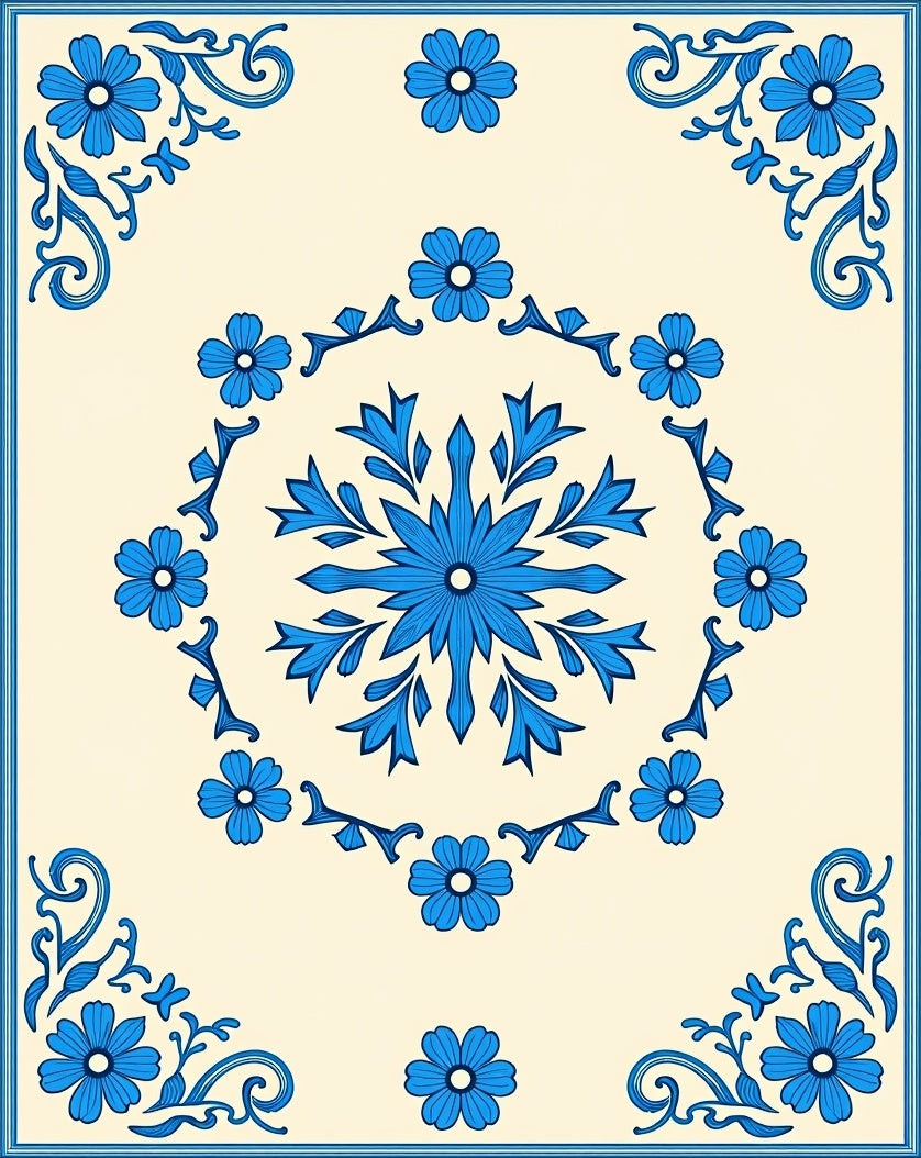 Classic Blue Floral Mandala Pattern Rug