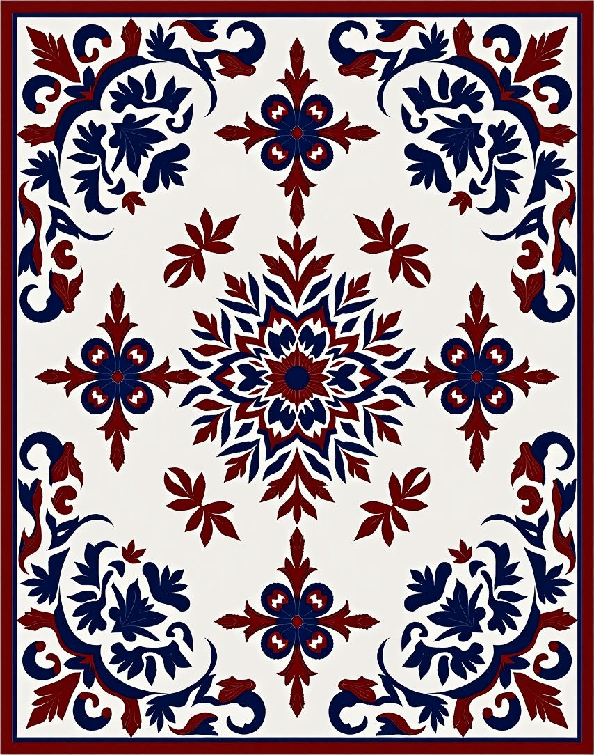 Red Blue Floral Symmetry Pattern Rug