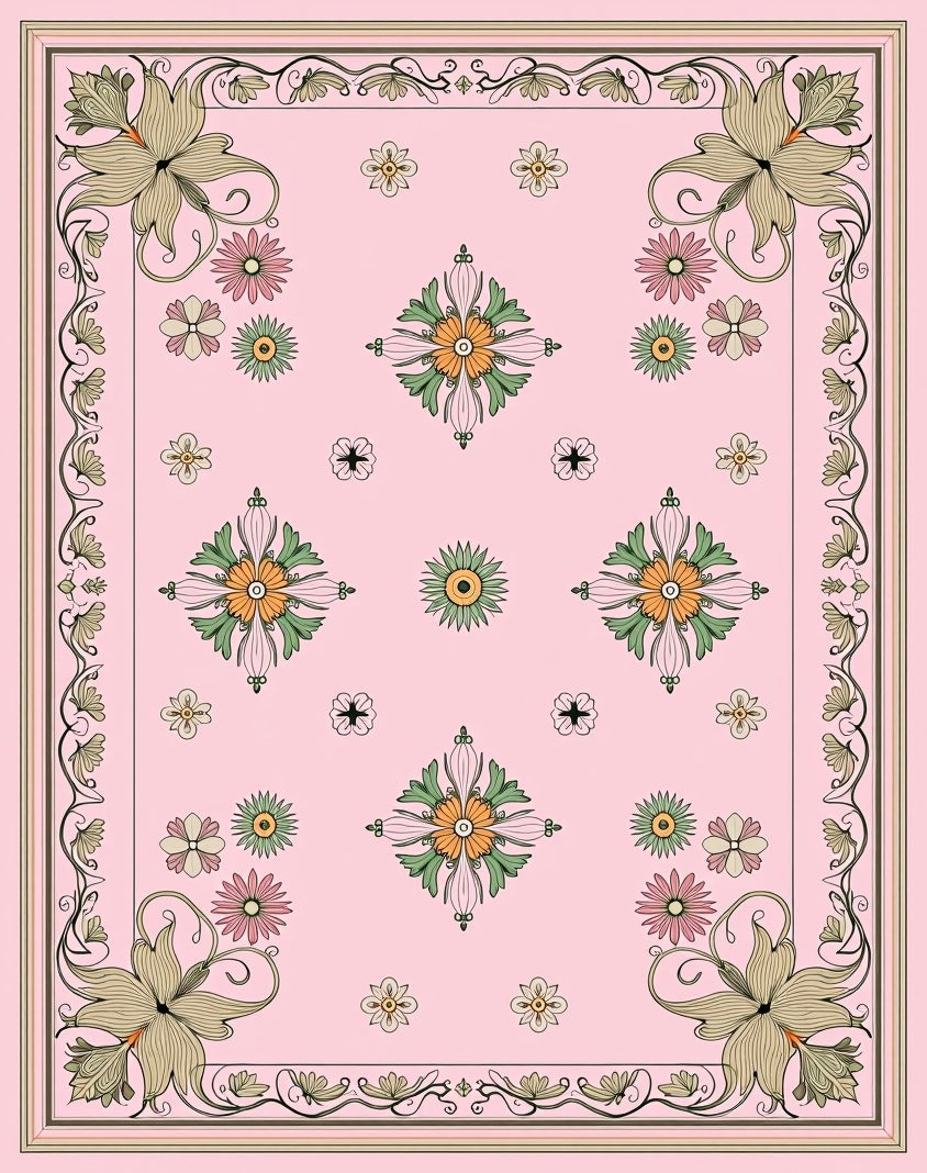 Elegant Floral Border Pink Ground Rug