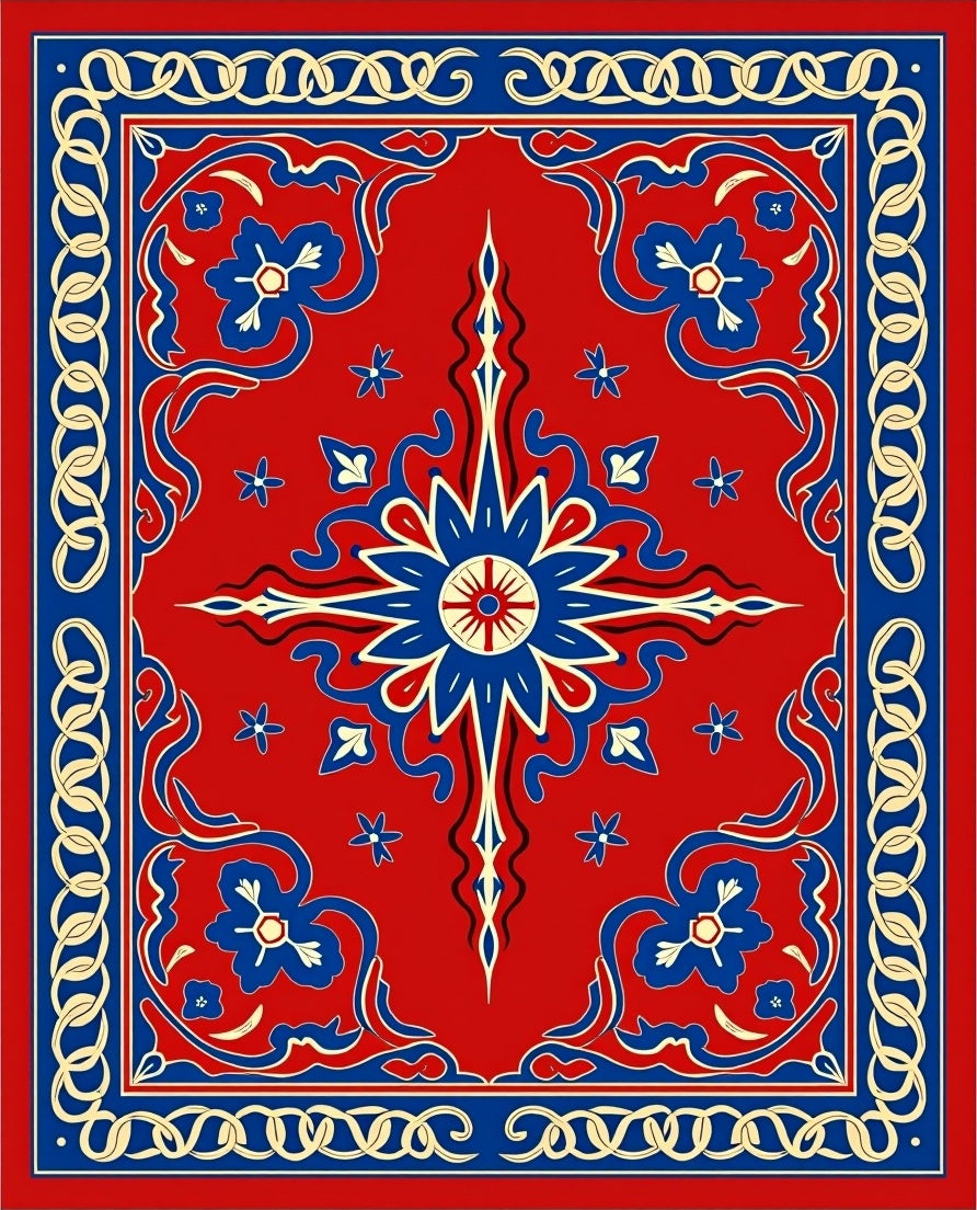 Red Blue Floral Chain Medallion Rug