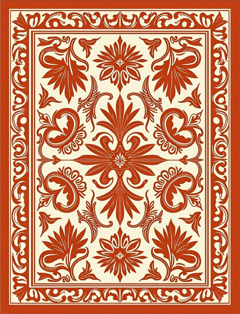 Red Cream Floral Damask Pattern Rug