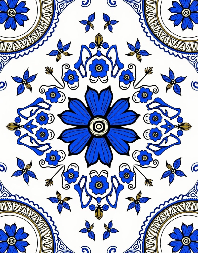 Bold Blue Floral Mandala Pattern Rug