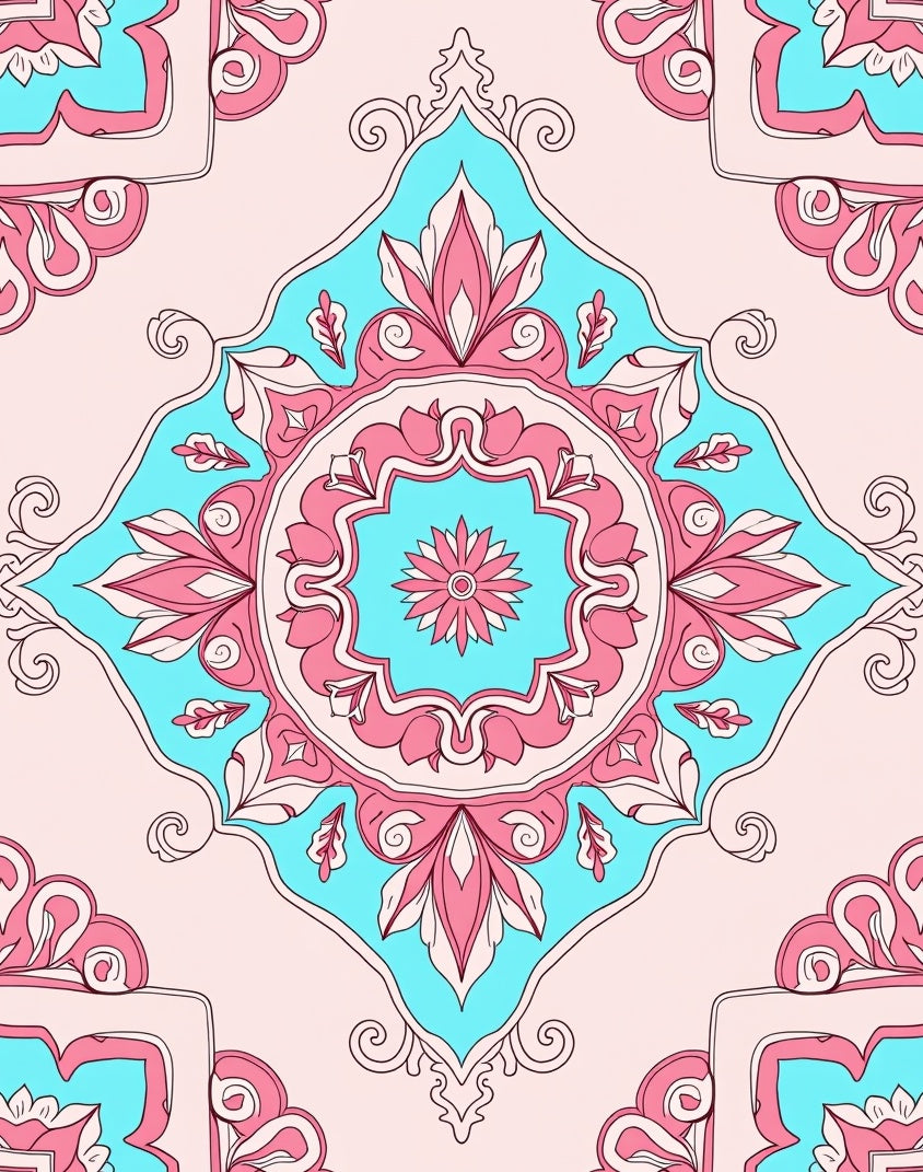 Pink Teal Floral Symmetry Pattern Rug