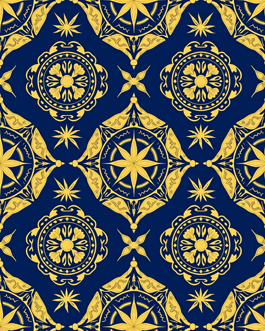 Royal Blue Yellow Medallion Pattern Design Rug
