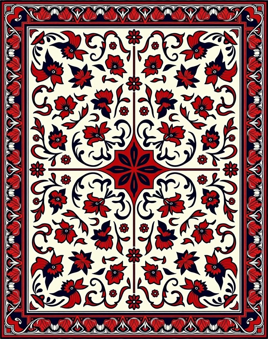 Intricate Floral Swirl Red Navy Rug