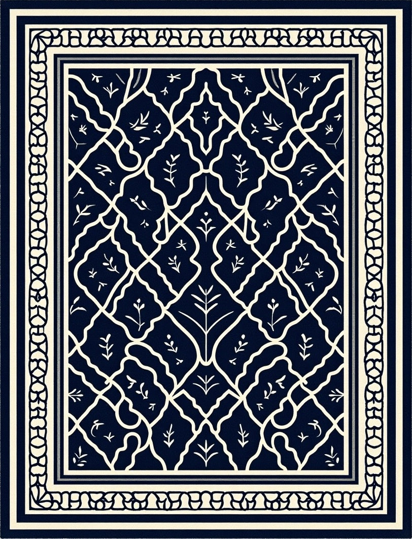 Elegant Navy Ivory Damask Pattern Rug