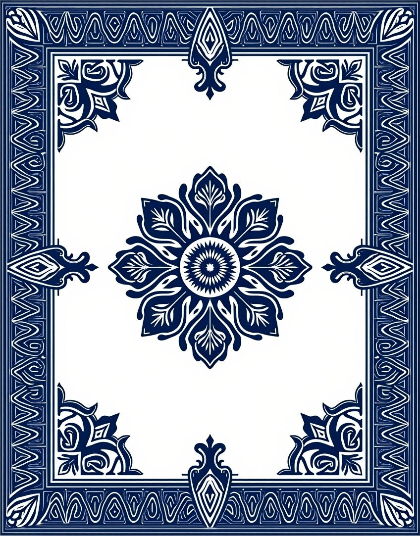 Navy Blue Floral Mandala Pattern Rug