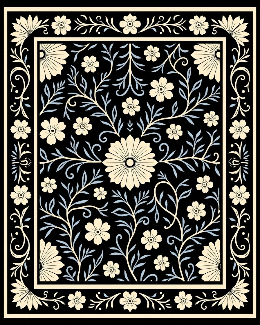 Chic Floral Vines Black Cream Pattern Rug