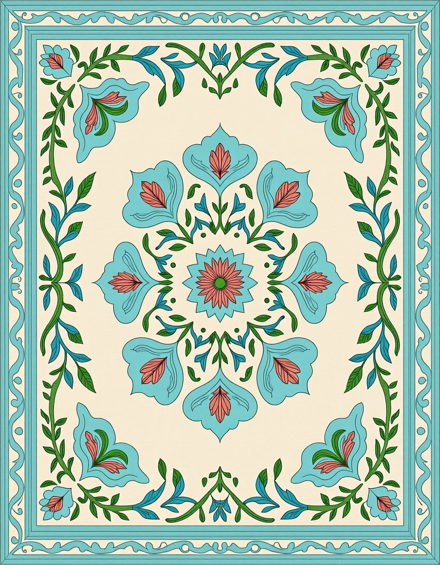 Turquoise Floral Medallion Cream Rug