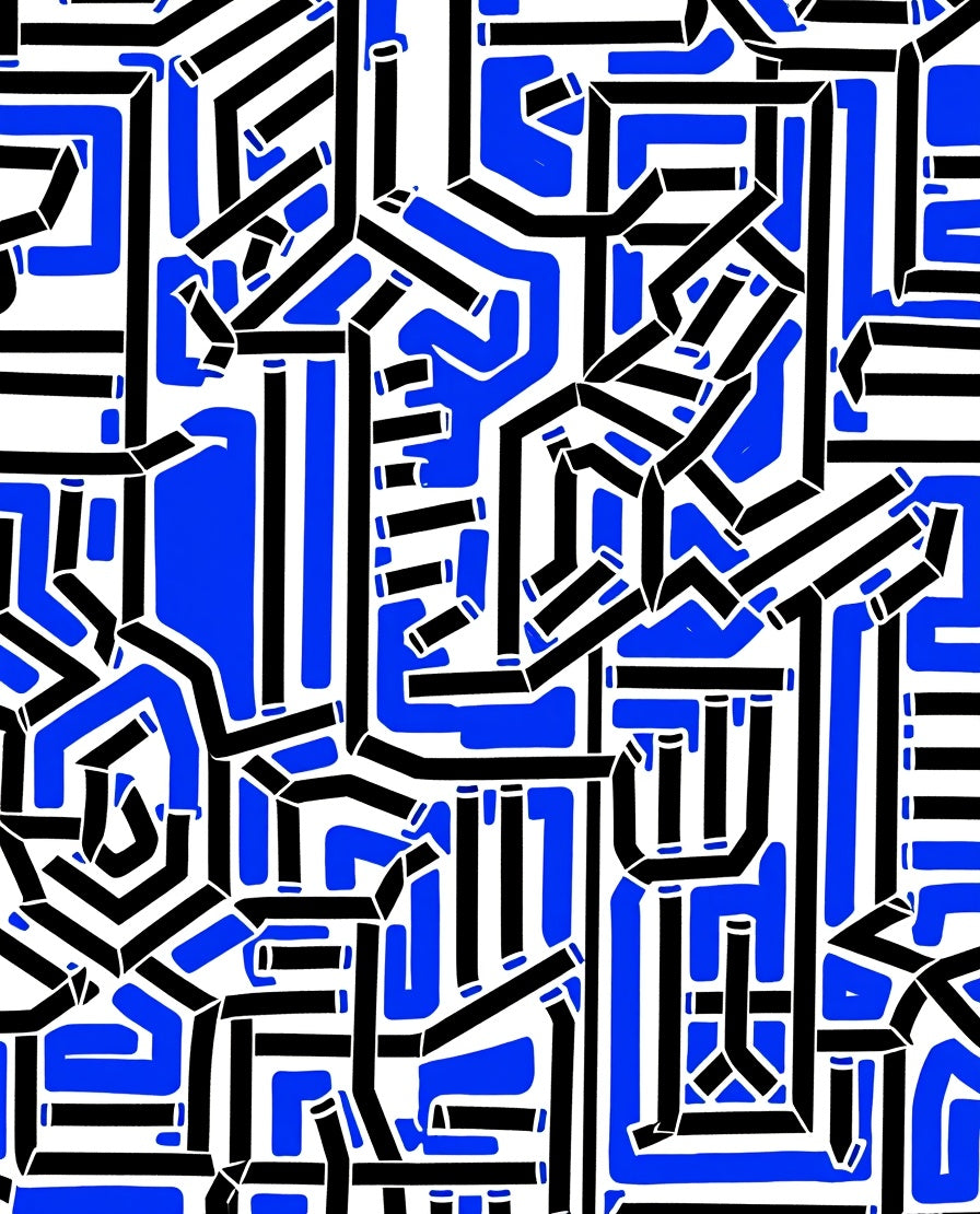Abstract Maze Black Blue Geometric Rug