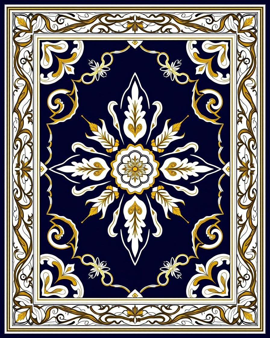 Ornate Floral Accents Dark Blue Rug