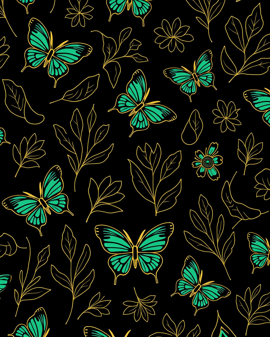 Emerald Butterfly Floral Black Background Rug