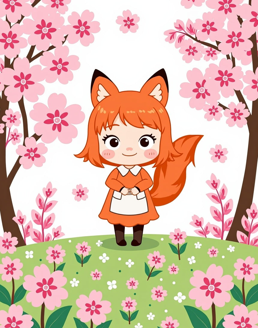 Cute Fox Character Cherry Blossoms Rug