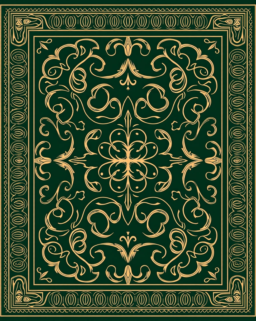 Ornate Gold Scrollwork Forest Green Rug