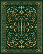 Ornate Gold Scrollwork Forest Green Rug