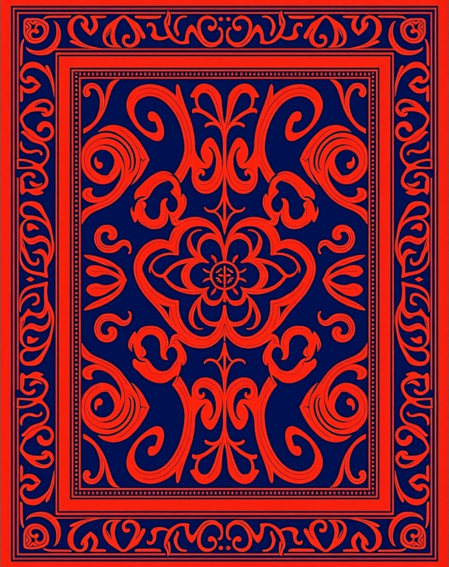 Ornate Red Blue Floral Scroll Design Rug