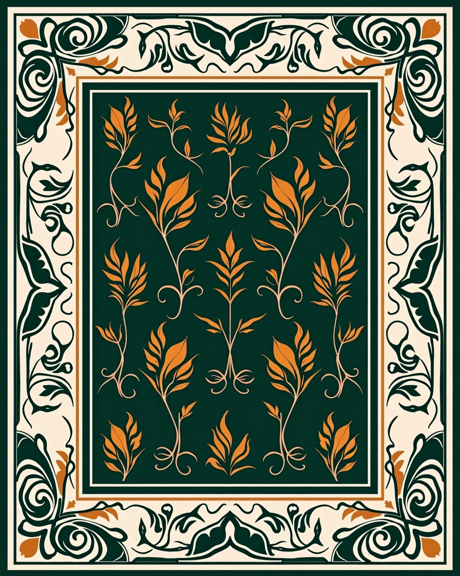 Green Orange Floral Garden Pattern Rug