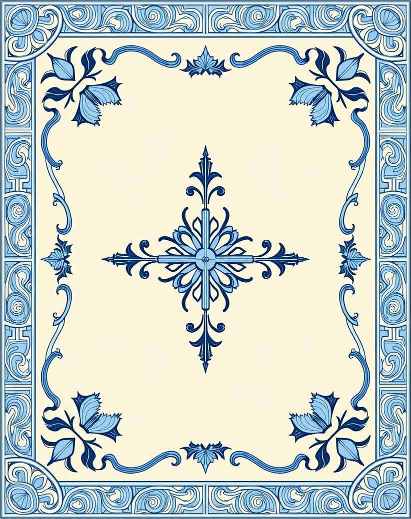 Blue Floral Border With Central Motif Rug