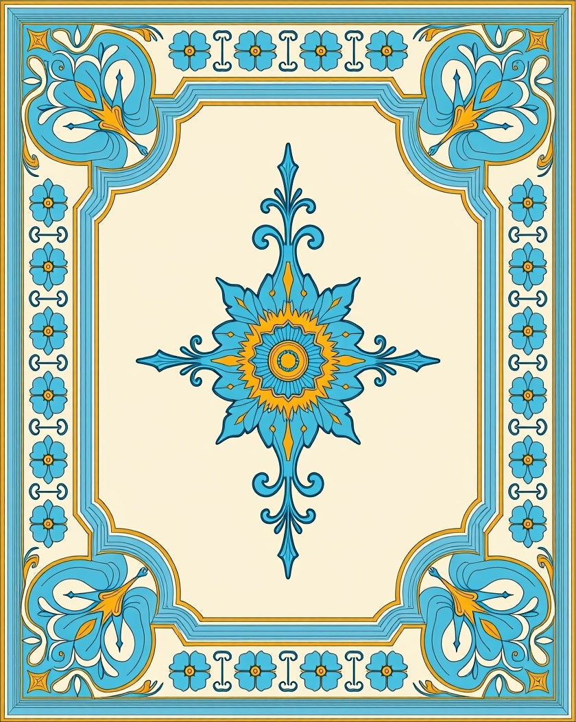 Azure Floral Patterned Medallion Rug