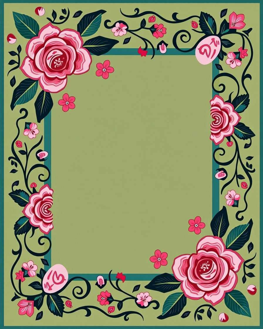 Pink Floral Border With Green Background Rug