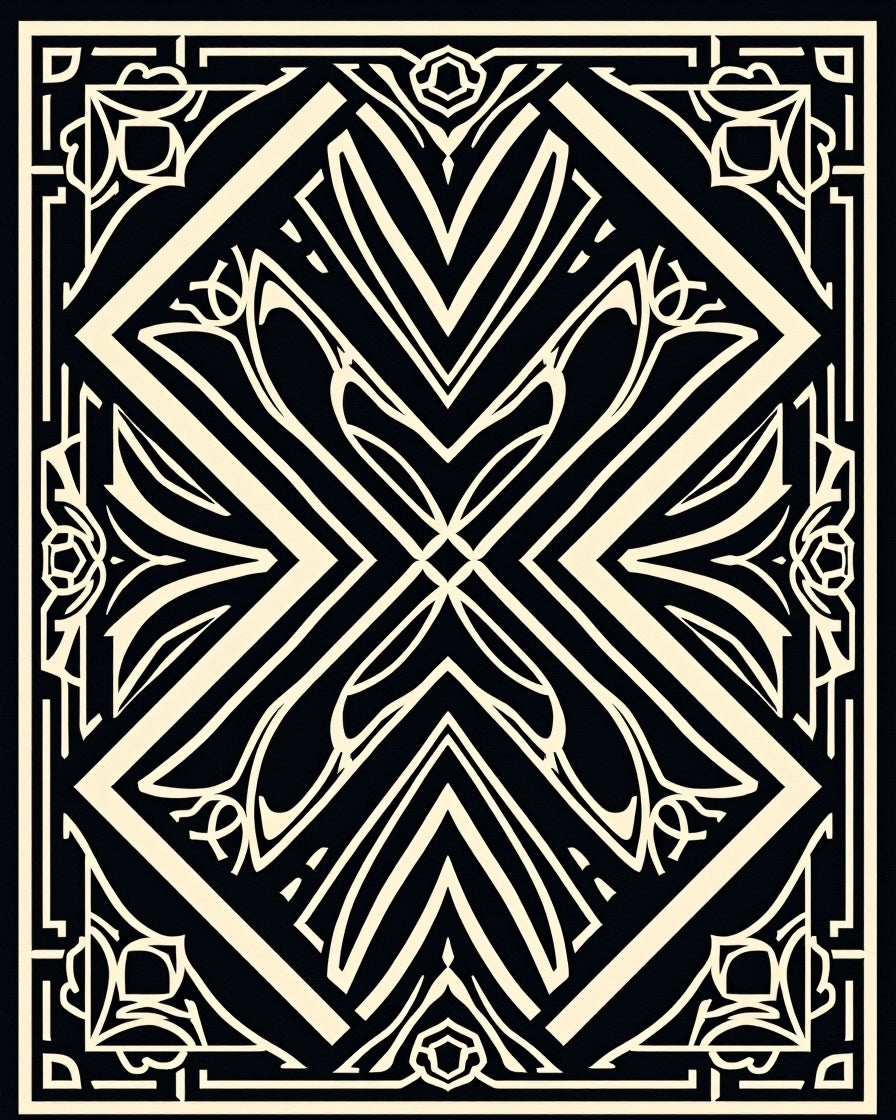 Art Deco Black Cream Geometric Floral Rug