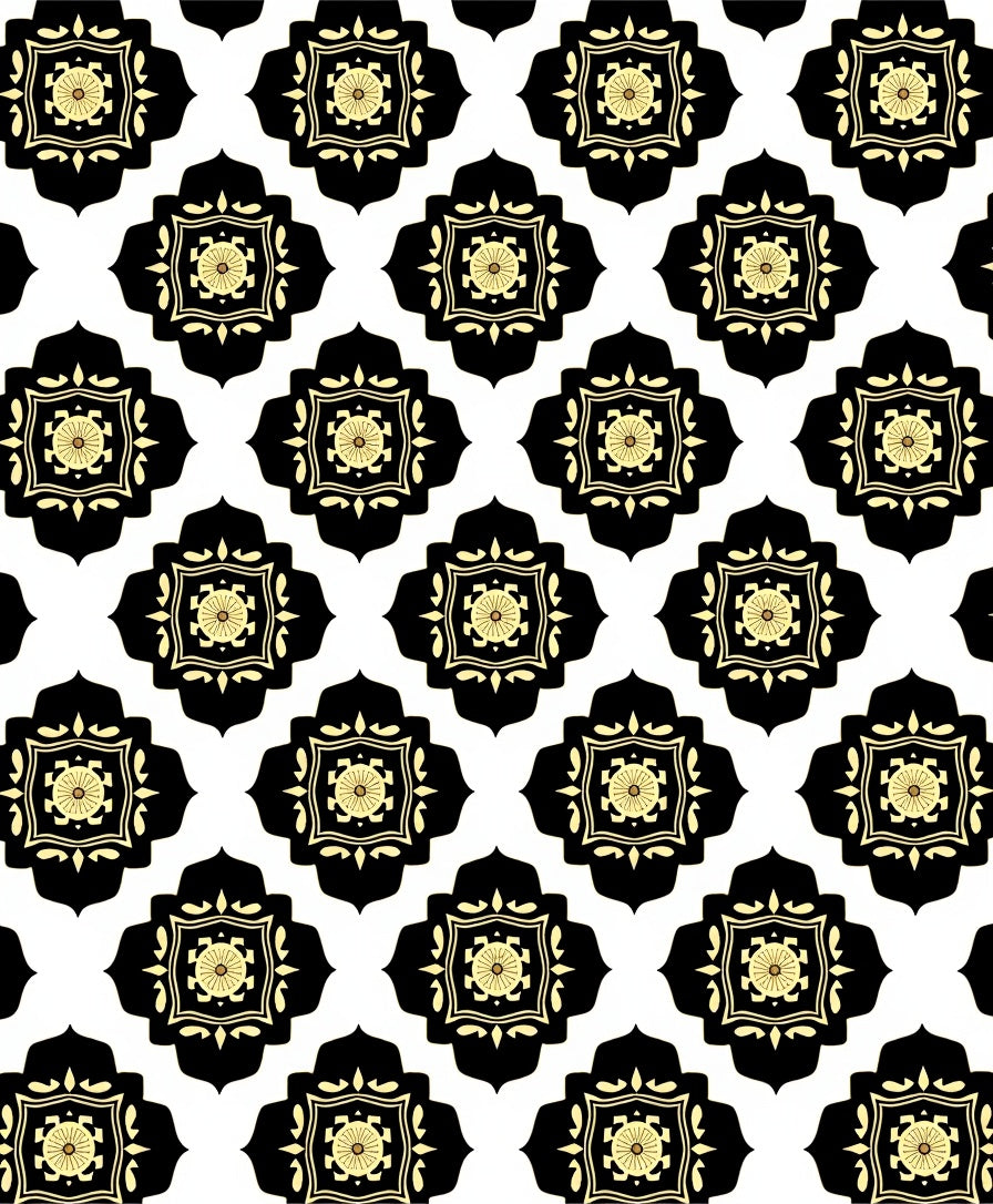 Black Gold Floral Quatrefoil Pattern Rug