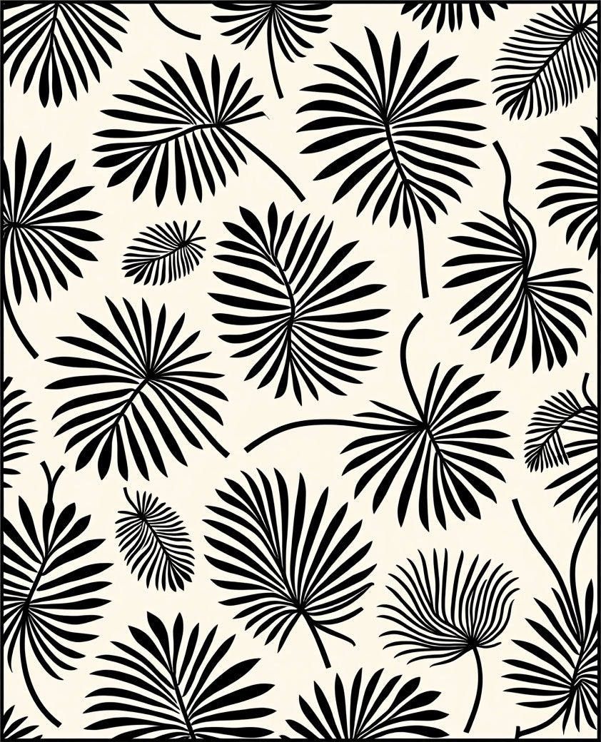 Black Wide Palm Leaf Print Design Rug