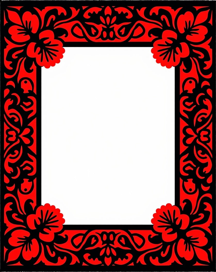 Red Black Floral Patterned Frame Design Rug