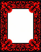 Red Black Floral Patterned Frame Design Rug