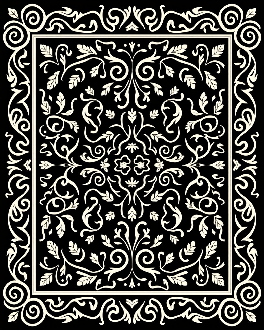 Classic Black White Leaf Pattern Rug