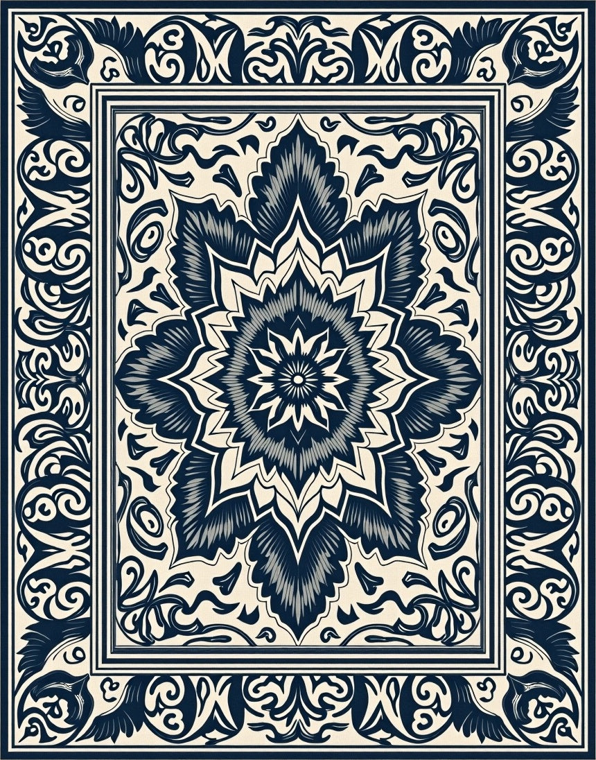 Elaborate Scrollwork Medallion Design Rug