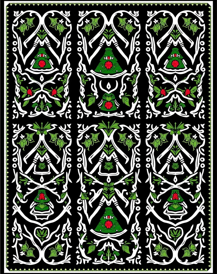 Black White Green Floral Art Nouveau Rug