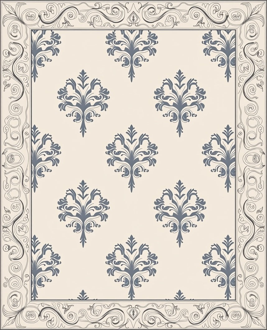 Cream And Grey Floral Damask Pattern Rug