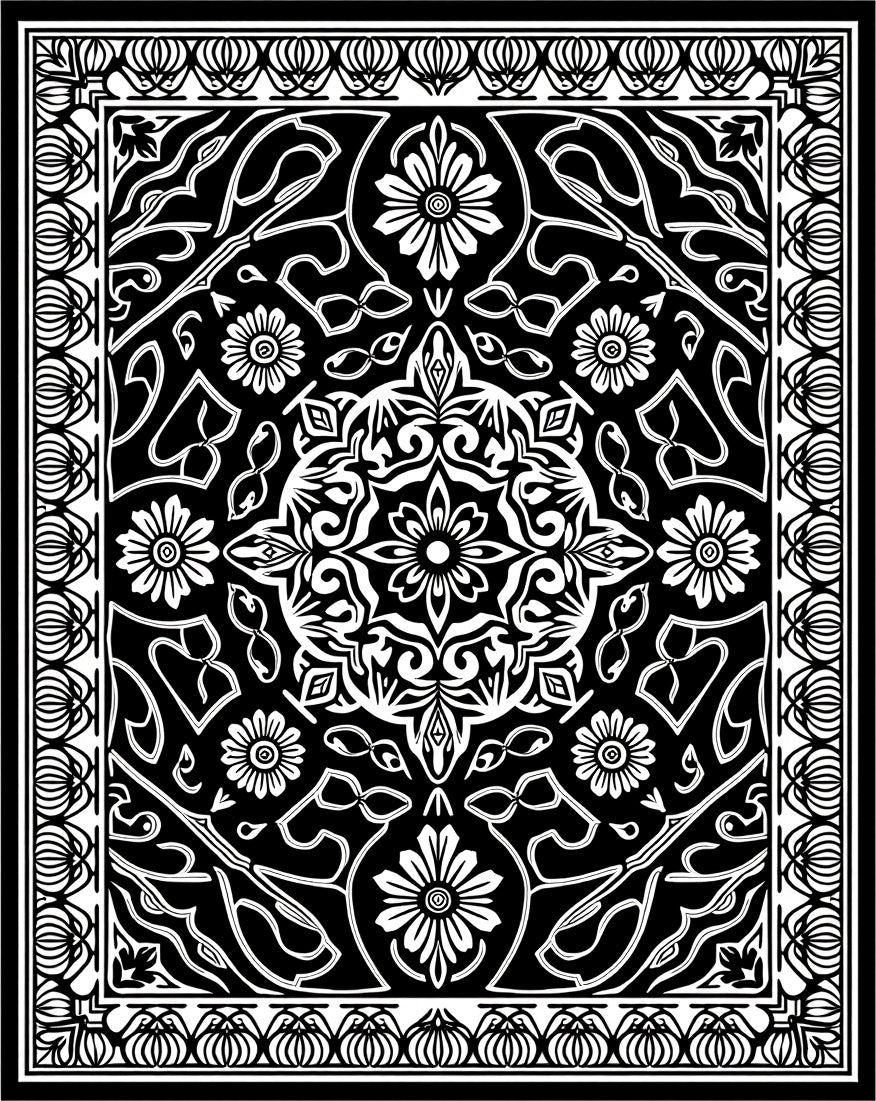 Black White Floral Patterned Rug