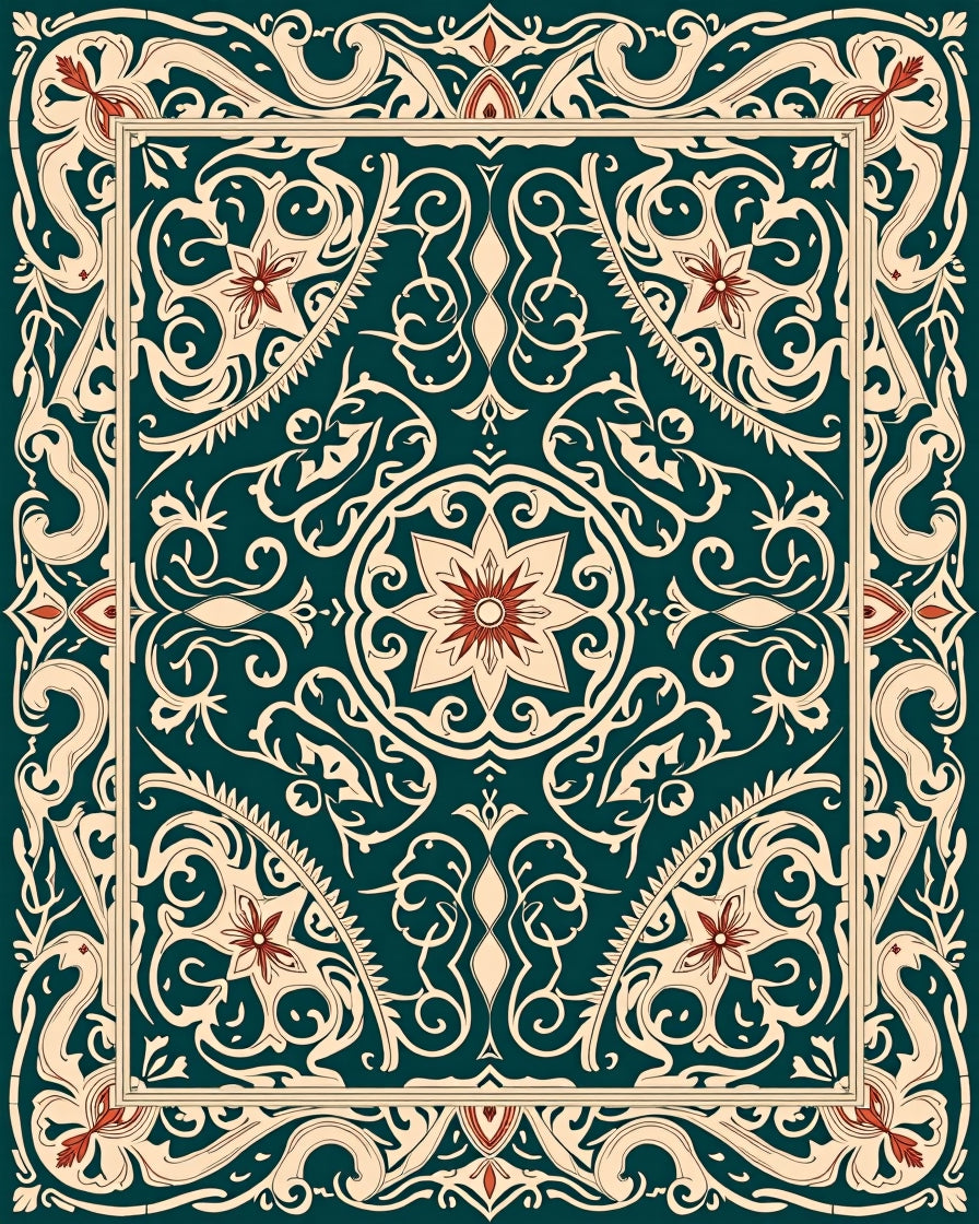 Ornate Floral Swirl Border Design Rug