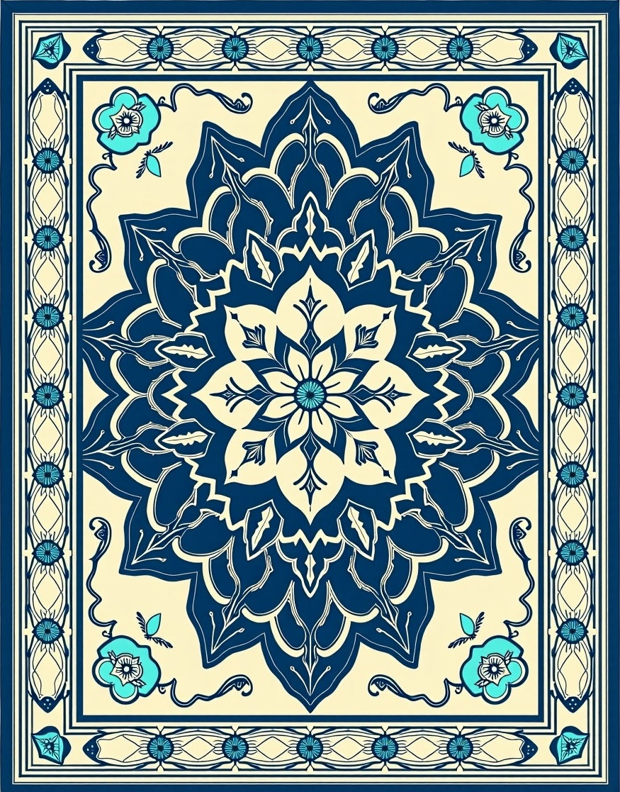 Navy Blue Floral Mandala Pattern Rug
