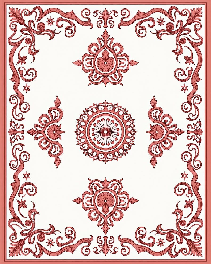 Elaborate Floral Scrollwork Red Design Rug