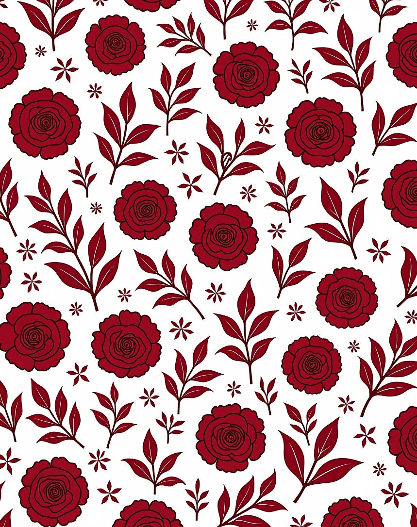Deep Red Rose Leaf Pattern Rug