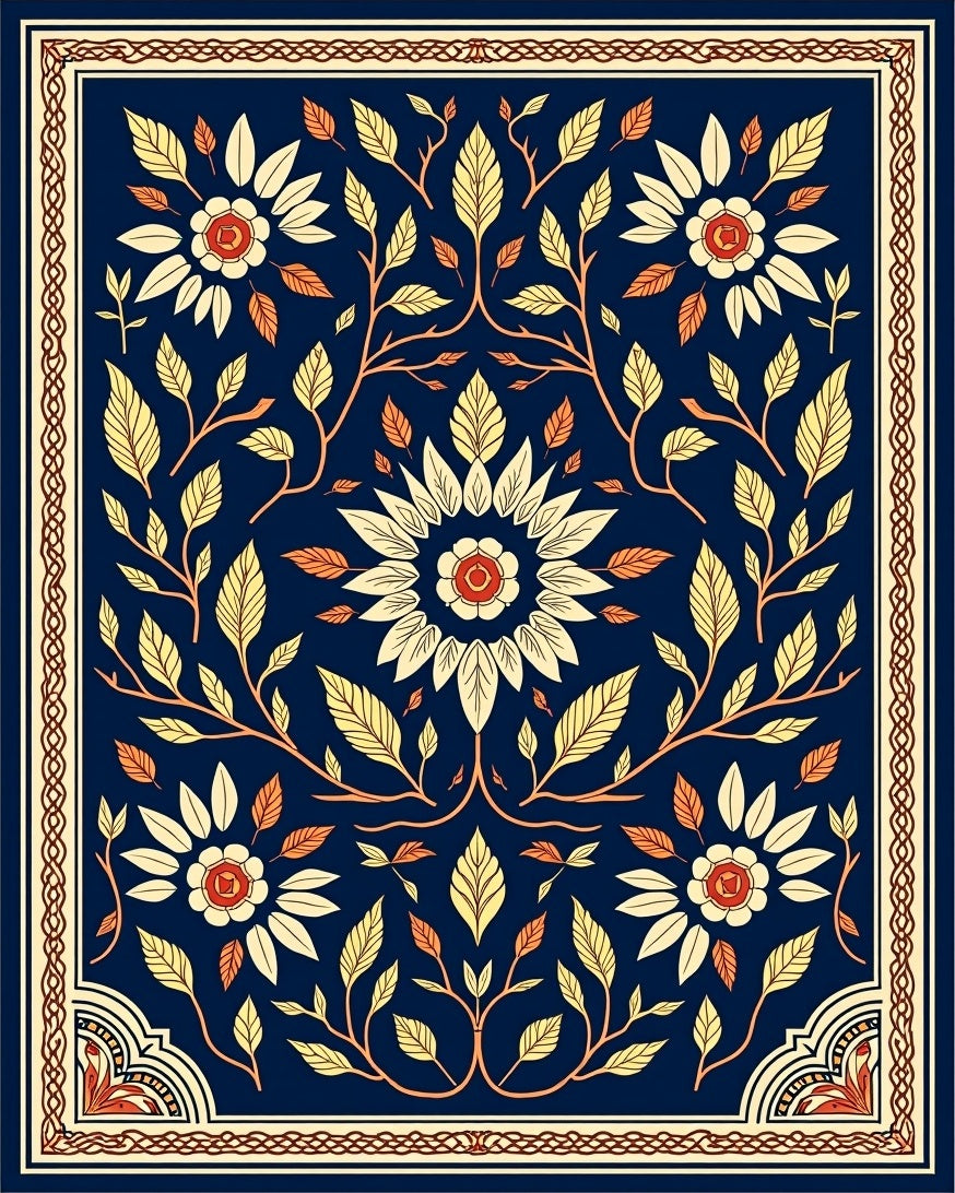 Deep Blue Floral Vine Medallion Rug