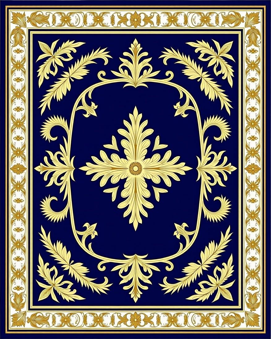 Regal Blue Gold Floral Scroll Rug