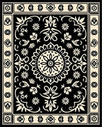 Ornate Floral Symmetry Black Cream Rug