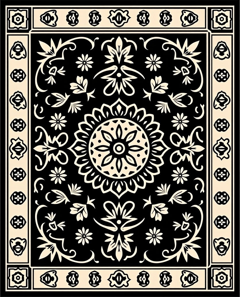 Ornate Floral Symmetry Black Cream Rug