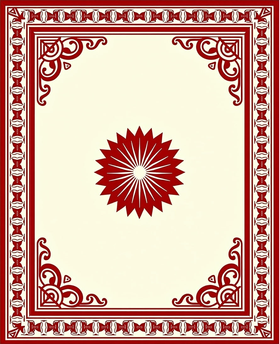 Crimson Starburst Scrollwork Frame Design Rug