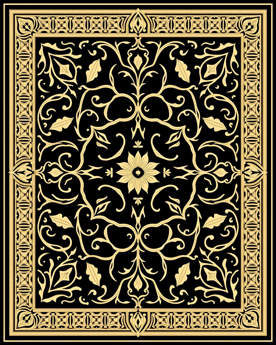 Golden Floral Scroll Pattern Rug
