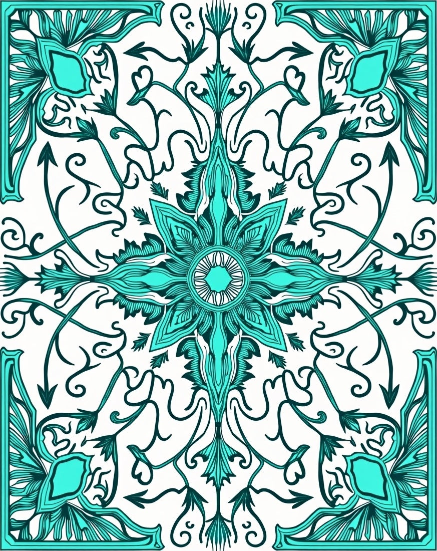 Intricate Teal Floral Scroll Design Rug